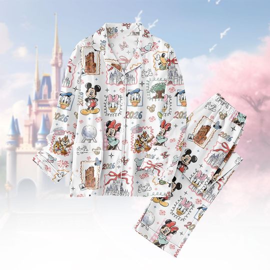 Discover Disney Trip 2026 Thick Pajama Set, Mickey Minnie Donald Daisy Chip Dale Winter Pyjama, Disney Castle Sleepwear, Cozy Family Trip Outfit