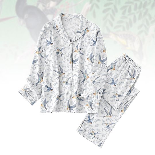 Discover Bird Pattern Long Thick Pajama Set, Blue Bird Thick Pajamas Long Pyjama, Women Matching PJs Set, Gift for Nature Lover Fan