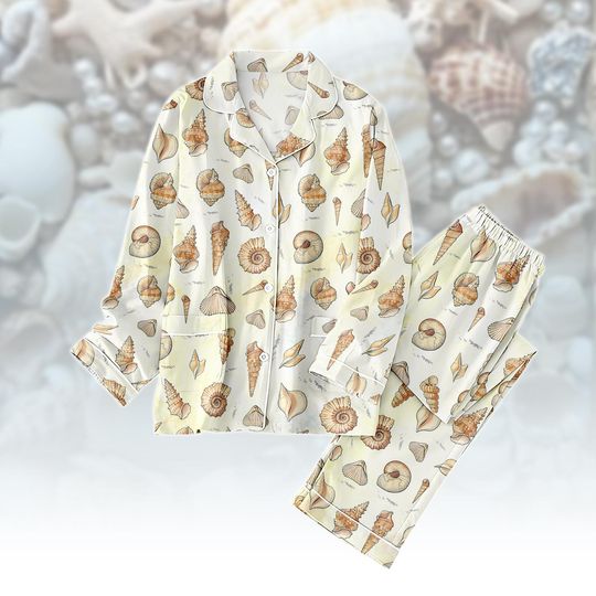 Discover Seashell Thick Pajama Set, Ocean Long Thick Pajamas, Nautical Long Pyjama, Women Matching PJs Set, Gift for Beach Lover