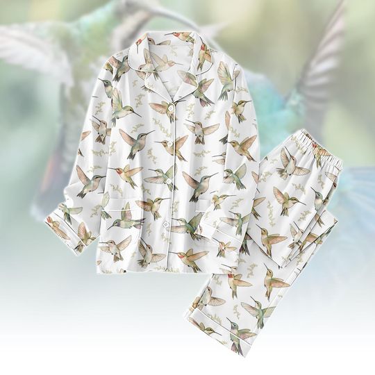 Discover Hummingbird Thick Pajama Set, Bird Long Thick Pajamas, Nature Long Pyjama, Women Matching PJs Set, Gift for Bird Lover