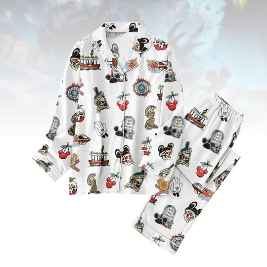 Discover Cartoon Skull Thick Pajama Set, Skull Art Long Thick Pajamas, Cherry Long Pyjama, Women Matching PJs Set, Gift for Cartoon Fan