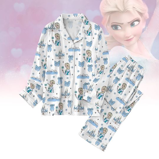 Discover Elsa Princess Pajamas Set, Cute Ice Castle Sleepwear, Girls Blue Bow Pjs, Cozy Winter Loungewear, Disney Elsa Pjs Gift, Gift For Her