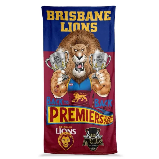 Discover Brisbane Lions AFL 2025 Grand Final Premiers Caricature Beach Towel