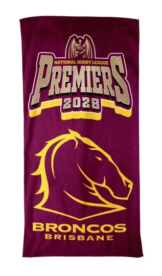 Discover Brisbane Broncos NRL Premiers Premiership 2025 Beach Towel Man Cave Bar Gift