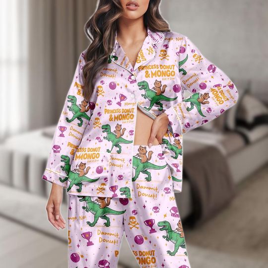 Discover Princess Donut & Mongo PJs Set, Dino Squirrel Long Pajamas, Cartoon Long Pajama Set, Women Pajamas, Gift For Her