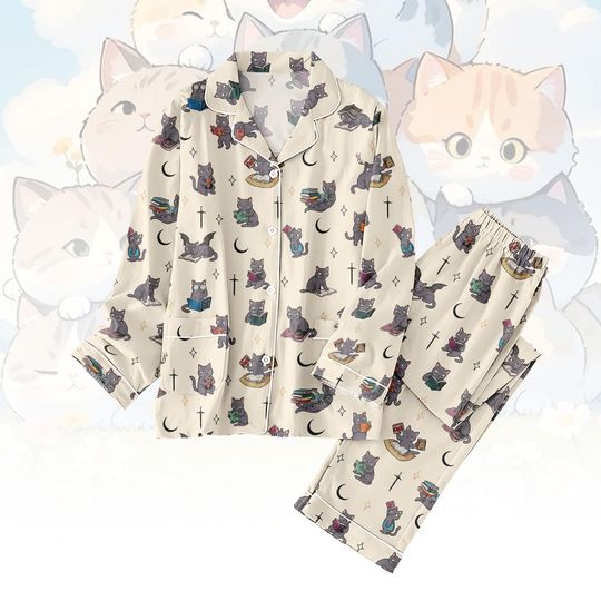 Discover Cat Lover Long Thick PJs Set, Cozy Cat Thick Pajamas, Cute Long Pajama Set, Women Pajamas, Gift for Cat Fan