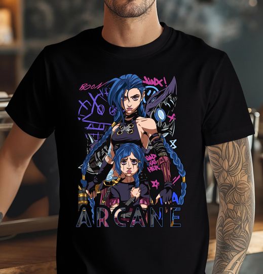 Discover Jinx Shirt, League of Legends Shirt, Anime Graphic Tee, Streetwear Anime Outfit, Video Game Fanmerch, Vi Arcane Shirt, Unisex Tee, LOL Shirt