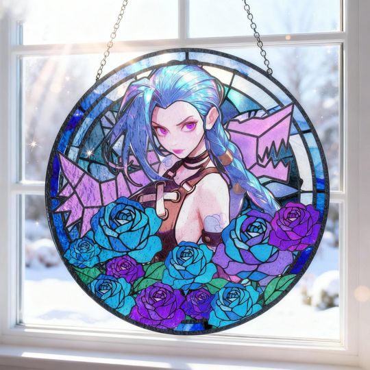 Discover Glass Suncatcher Jinx Arcane Stained - Gamer Gift, LOL Merchandise, Arcane Fan Decor, Powder Ornament, Window Hanging Gift