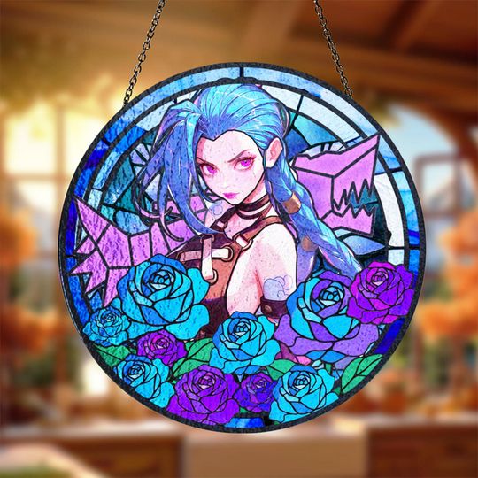 Discover Glass Suncatcher Jinx Arcane Stained - Gamer Gift, LOL Merchandise, Arcane Fan Decor, Powder Ornament, Window Hanging Gift