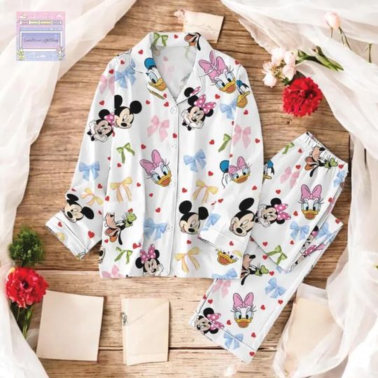 Discover Mickey Friends Pajama Set, Minnie Bow Coquette Sleepwear, Disney World Womens Pajamas Featuring Pluto, Daisy & Donald