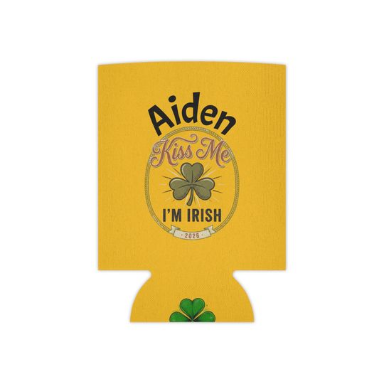 Discover Personalized Kiss Me I'm Irish Can Cooler in gold, Shamrock St. Patrick's Day Beer Cozy
