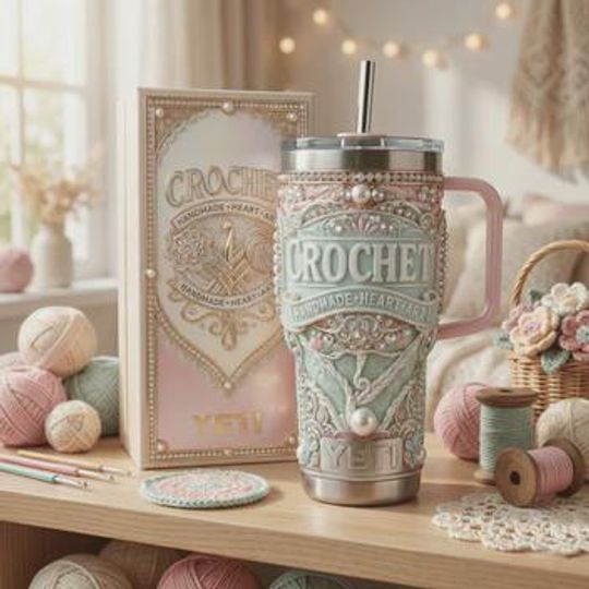 Discover Crochet Stainless Steel Tumbler with Handle, Crochet Lover Insulated Cup, Handmade Craft Gift for Knitters & Crocheters