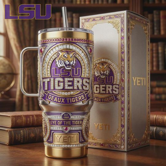 Discover 40oz Tiger Pride 3D Printed Tumbler With Handle, Purple Gold Stainless Steel Insulated Travel Mug, College Style Cup (No Box, Only Tumbler)
