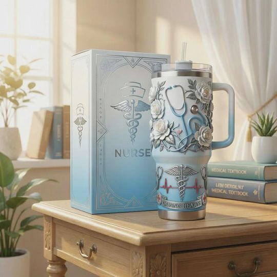 Discover Nurse 40oz Tumbler With Handle, Caring Hearts Medical Gift, 3D Printed Stainless Steel Cup for Nurses (No Box, Only Tumbler)