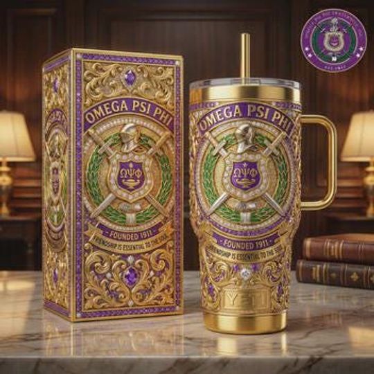 Omega Psi Phi Stainless Steel Tumbler with Handle (No Box, Only Tumbler)