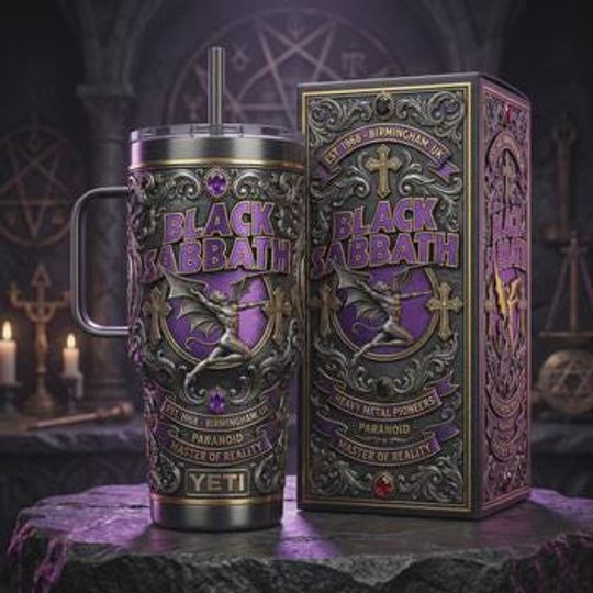 Black Sabbath Tumbler with Handle, Gothic Heavy Metal Stainless Steel Cup, (No Box, Only Tumbler)