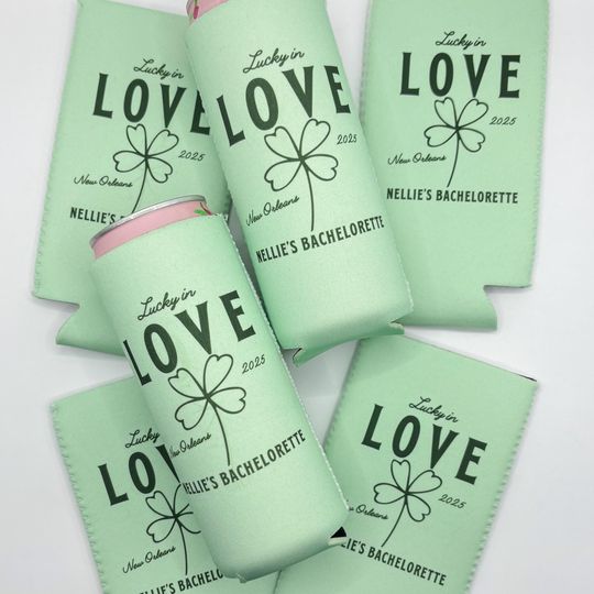 Discover Personalized St. Patrick's Day Bachelorette Can Cooler | Custom Can Cooler | Shamrock Bachelorette Party | Lucky In Love Custom Party Favors