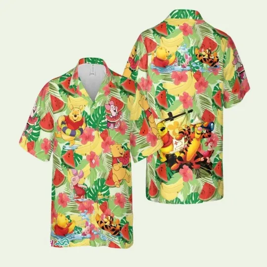 Pooh Bear & Friends Tropical Summer Vacation Floral Watermelon Hawaiian Shirt