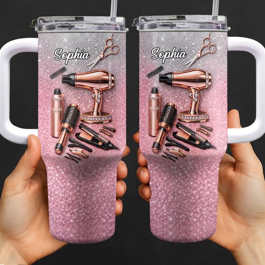 Discover Personalized Hairstylist 40oz Tumbler With Handle, Custom Name Hairdresser Gift, Salon Tools Glitter Travel Mug, Cosmetology Graduation Gift