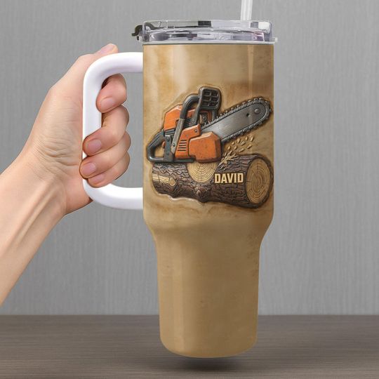 Discover Personalized Chainsaw 40oz Tumbler With Handle, Custom Lumberjack Gift for Him, Woodworker Logger Cup, Forestry Worker Gift With Name