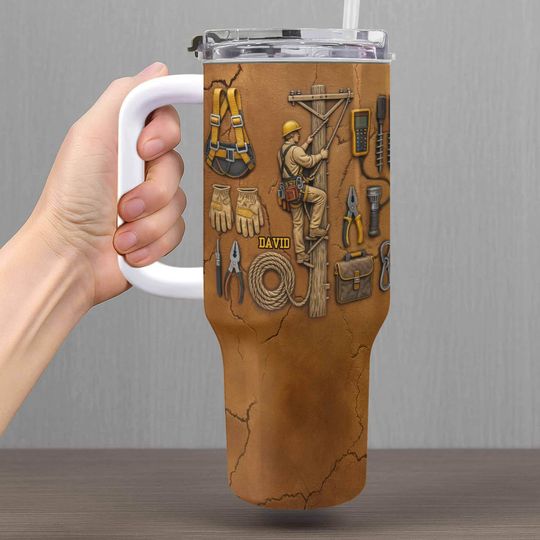 Personalized Lineman 40oz Tumbler With Handle, Custom Name Utility Worker Cup, Electrician Powerline Climber Gift, Dad Husband Gift