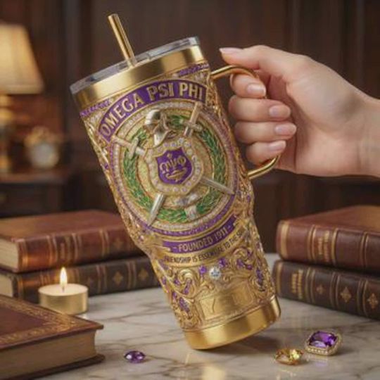Discover Purple & Gold Greek Inspired Tumbler with Handle (No Box, Only Tumbler)