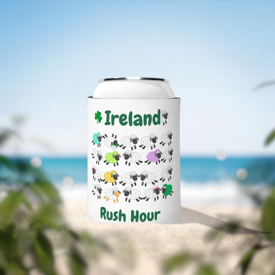 Discover Ireland Rush Hour Can Cooler Sleeve | St. Patrick's Day Shamrock Sheep Design