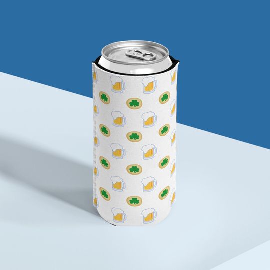 Discover Beer Mug and Shamrock Cookies Slim Can Cooler | St. Patrick's Day Pattern