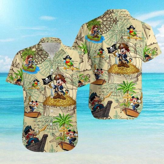 Discover Disney Mickey Mouse Pirates Hawaiian Shirt, Pirates Of The Caribbean Button Shirt, Mickey Minnie Print Button Shirt, Summer Beach Shirt