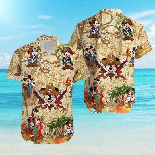 Discover Disney Mickey And Friends Pirates Hawaiian Shirt, Pirates Of The Caribbean Button Shirt, Mickey Minnie Print Button Shirt, Summer Beach Tee