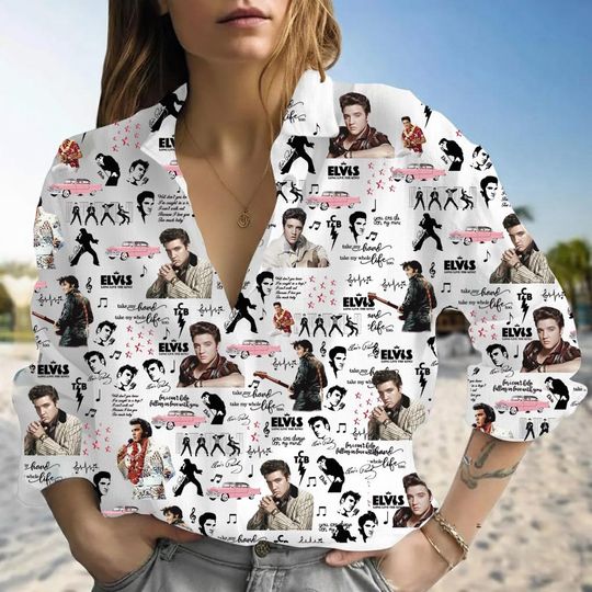 Elvis Presley Women Linen Shirt, Elvis King Women Blouse Shirt, Rock And Roll Music Shirt, The King Aloha Shirt, Gifts For Elvis Fan