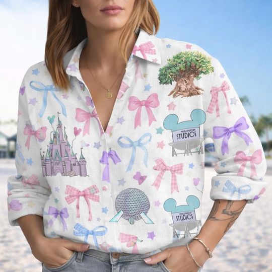 Discover Disney Coquette Linen-Look Shirt, Walt Disney World Women Blouses, Disney Castle Shirt, Hollywood Studios Shirt, Gift For Her