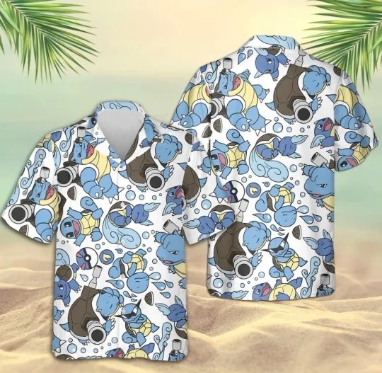 Blastoise Cartoon Hawaiian Print Shirt & Shorts Set, Water Turtle Aloha Tee