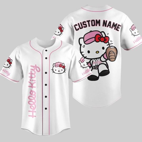 Personalized Hello Kitty Baseball Jersey, Cute Cat Jersey Shirt, Kitty Cat Jersey, Gift For Team Baseball Fan, Hello Kitty Gifts