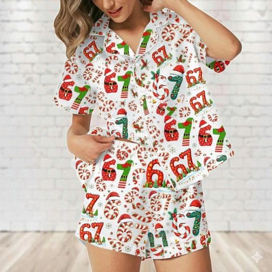 Discover Six Seven Meme Christmas Contrast Pajamas Set For Women And Kids, Funny Christmas PJs, Viral Number Print Sleepwear, Matching Xmas Loungewear