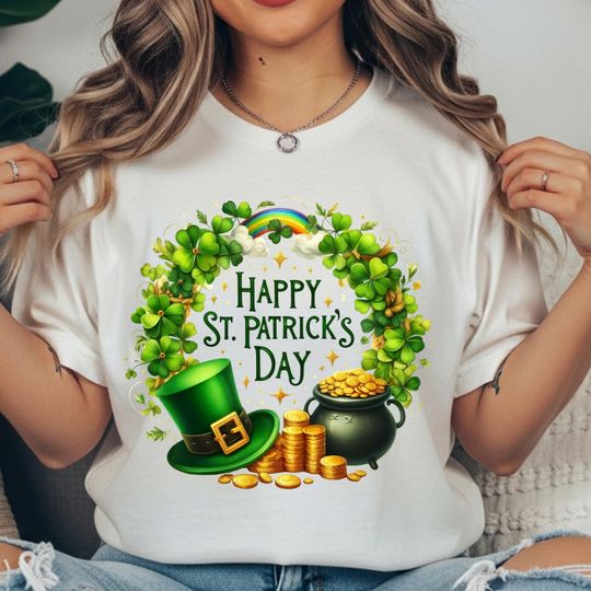 Discover St. Patrick's Day T-shirt | Shamrock Wreath, Leprechaun Hat, Pot of Gold