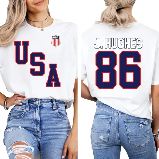 Jack Hughes USA Hockey Shirt, #86 Gold Jersey Style Patriotic Tee