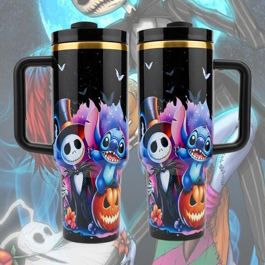 Stanley Stitch and Jack Skellington Tumbler, Cute Cartoon Spooky 40oz Cup With Handle, Halloween Christmas Stainless Steel Gift