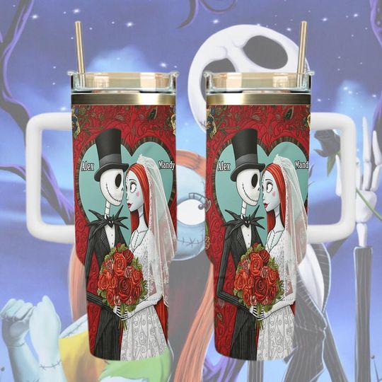 Jack and Sally Wedding Tumbler,  Jack and Sally Couple 40oz Cup, Nightmare Couple Gift, Gothic Bride and Groom Tumbler Jack and Sally