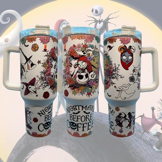 Personalized The Nightmare Before Christmas 40oz Tumbler With Handle, Custom Name Spooky Holiday Stainless Steel Cup