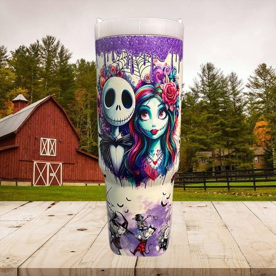 Custom Name Sally and Jack Skellington 40oz Tumbler With Handle, Gothic Couple Halloween Christmas Stainless Steel Cup