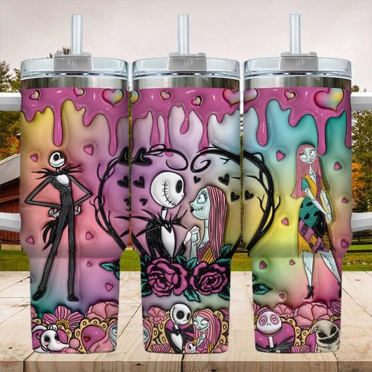 Personalized Nightmare Couple 40oz Tumbler, Jack And Sally Love Design, Custom Halloween Valentine Gift For Couples