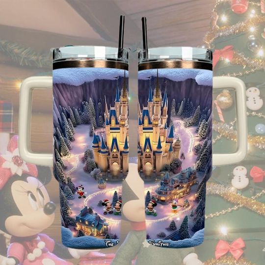 Discover Personalized Disney Castle Tumbler 40 Oz With Handle, Mickey Minnie Mosaic Style, Custom Name Gift, Cartoon Castle Tumbler