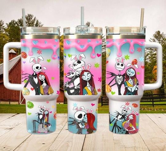 Easter Nightmare Skinny Straight 40oz Tumbler With Handle, Jack And Sally Bunny Design, Spooky Cute Easter Halloween Cup