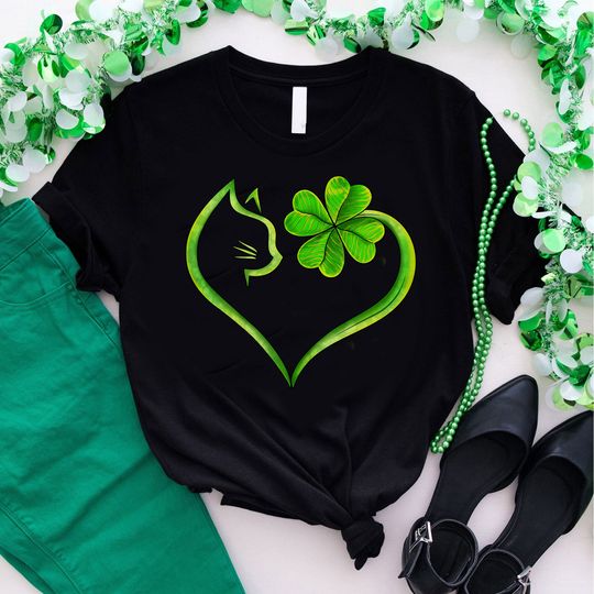 Discover Cat On Four Leaf Clover Heart Shirt, Happy St Patricks Day Shirt for Cat Lover, Clover Tee, Lucky Shirt, Irish Cat Mom Shirt