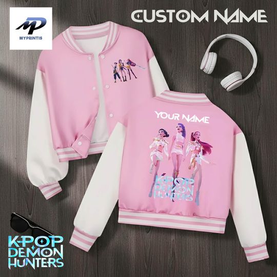 Huntrix Kpop Demon Hunters Baseball Jacket, Custom Name Pastel, Anime Girl Group Streetwear