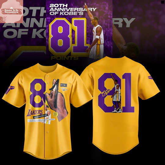 Discover Los Angeles Lakers 2026 20th Anniversary Of Kobe Bryant Scoring 81 Points Baseball Jersey