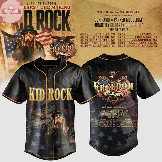 Discover Kid Rock x 250 Years Of Making Tour 2026 All Black Baseball Jersey