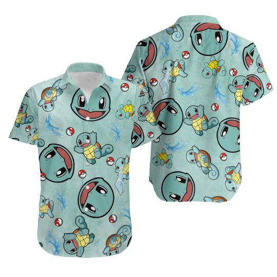 Squirtle Pattern PKM Button Up Hawaiian Shirt Cute Tropical Button Up Summer Vacation Beach Outfit Fun Unisex Style Squirtle Shirt