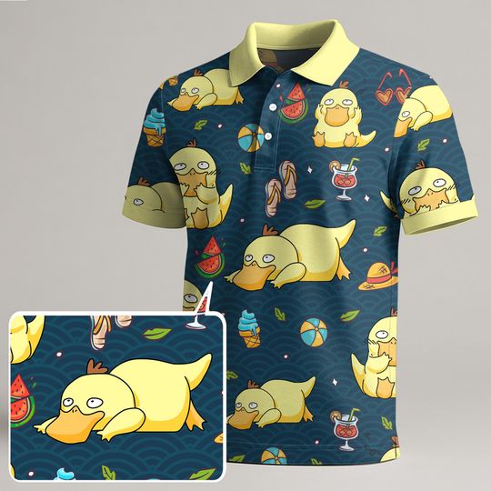 Discover Psyduck Polo Shirt, Funny Summer Polo Shirt for Men Women, Kawaii Cute Vintage Style Pattern Polo, Casual Outfit, Psyduck Shirt Gift